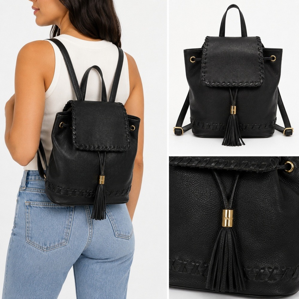 MILLY Black Pebbled Leather Backpack Purse Drawstring Tassel Gold Hardware